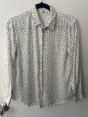 Uniqlo White Button Up Blouse with Black Polka Dots Medium